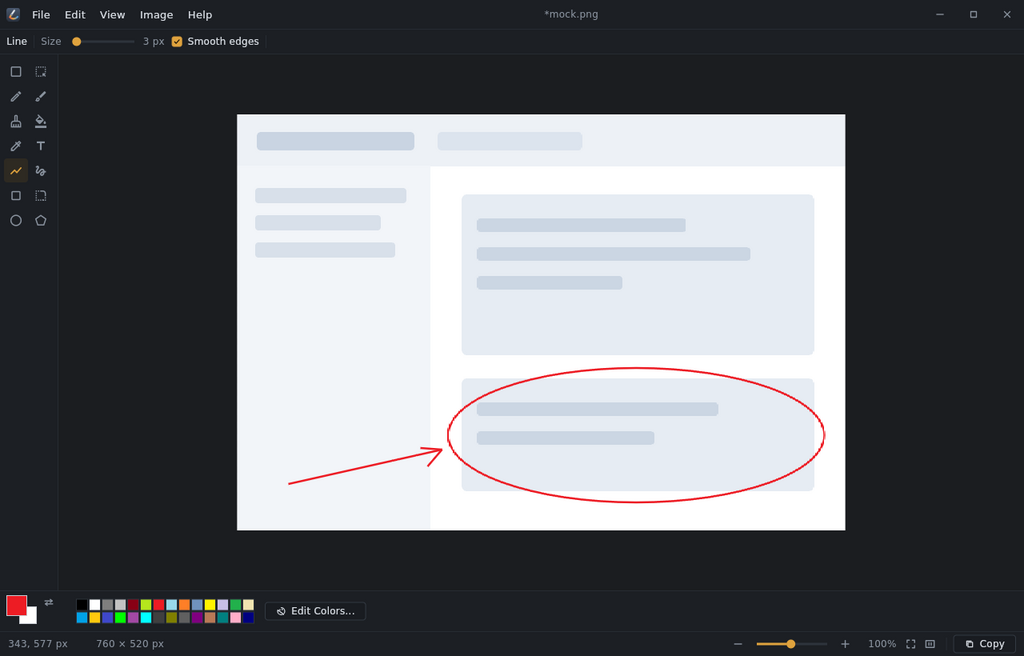 The same Paint window in its dark theme, showing the identical layout: menu bar, tool options bar, tool palette on the left, canvas in the middle and the colour swatches along the bottom.