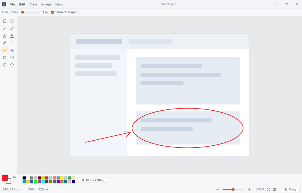 Paint in its light theme. A web page mock-up is open on the canvas with a red ellipse and an arrow drawn over it. The tool palette runs down the left edge, the line tool's size and smoothing options sit in a bar along the top, and the colour swatches run across the bottom.